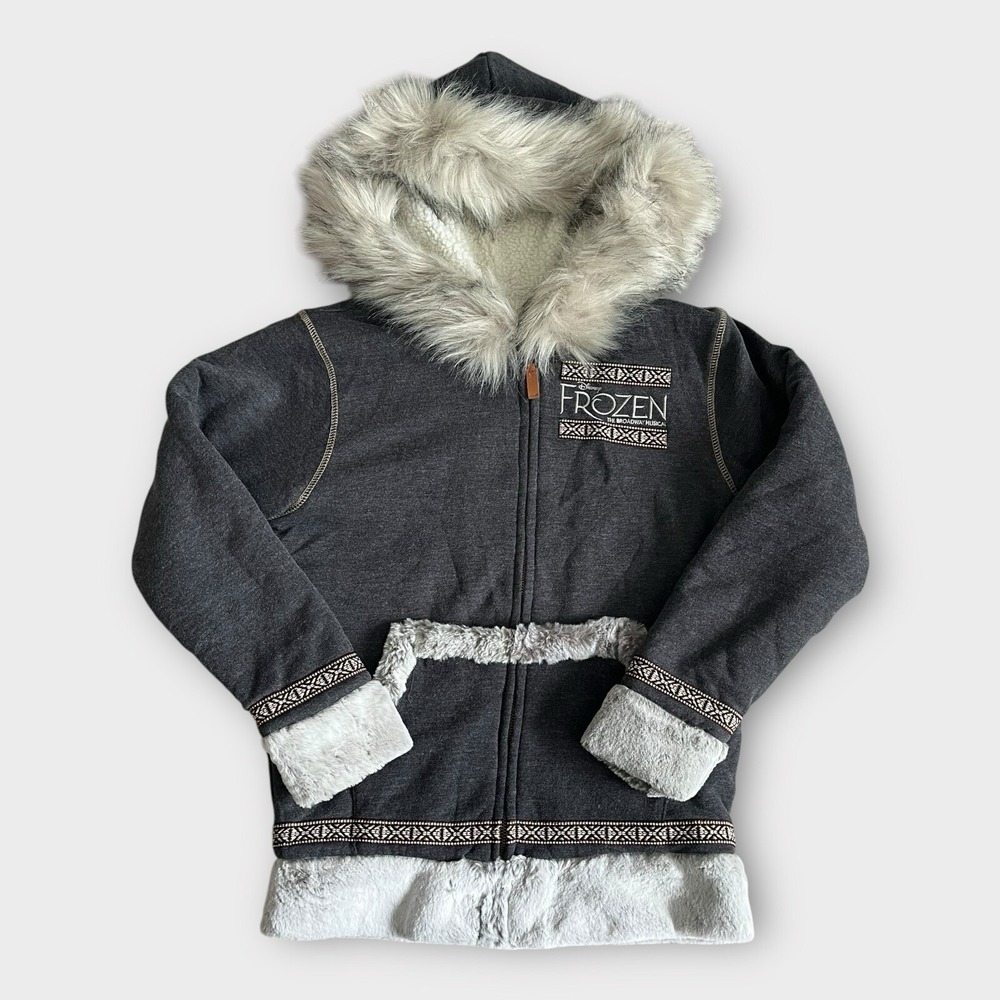 Disney Frozen The Broadway Musical Zip Up Sherpa Lined Hoodie Faux Fur Gray XS